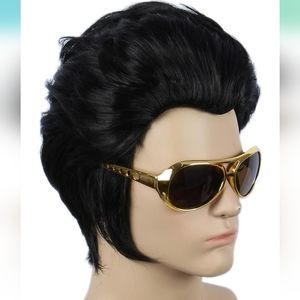 New! Adult Rock N Roll Black Elvis Wolverine Halloween Cosplay Party Wig Glasses